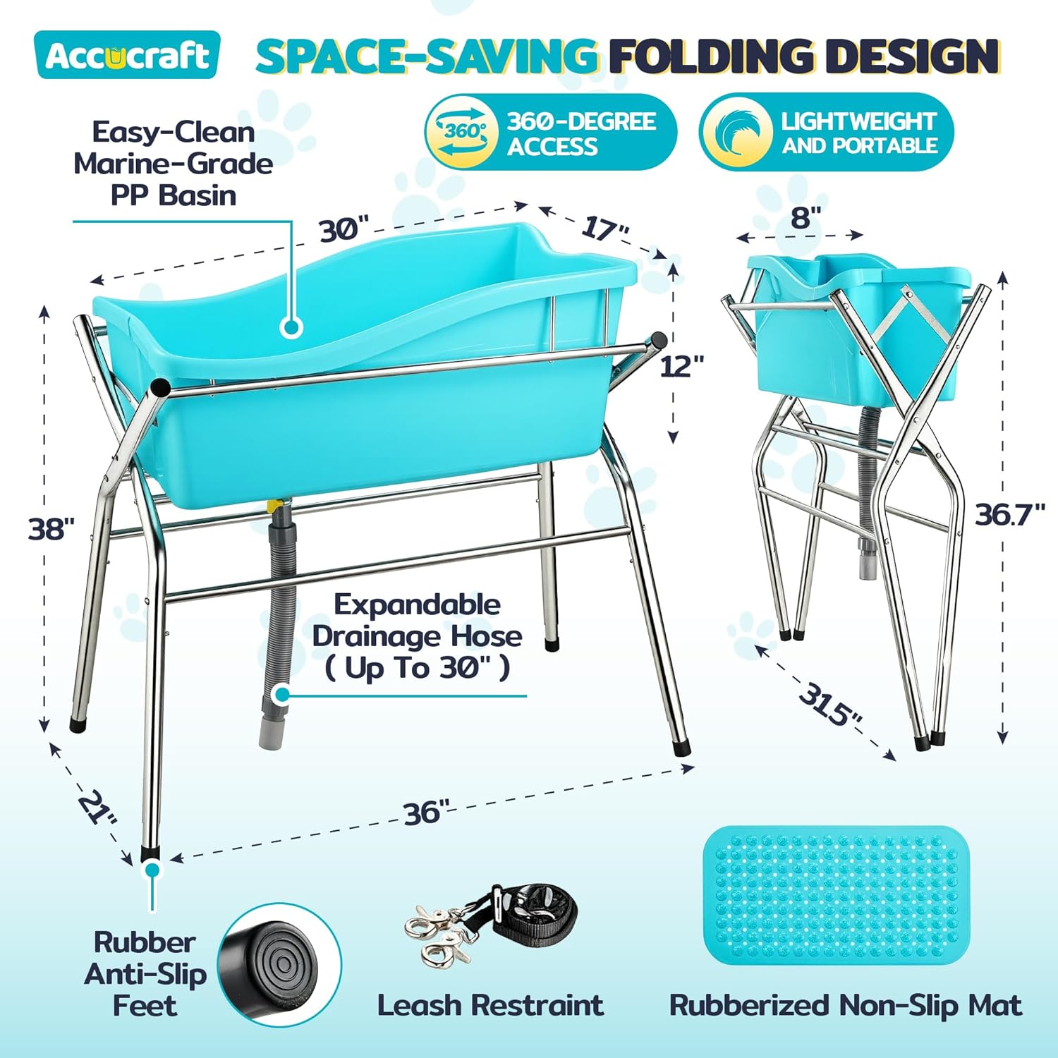 ACCUCRAFT Dog Bath Tub, Portable Dog Washing Bathing Station, 3 Levels Elevated Foldable Dog Bath for Shower and Grooming, Collapsible Shower Bathtub Pet Tub for Small and Medium Size Dogs