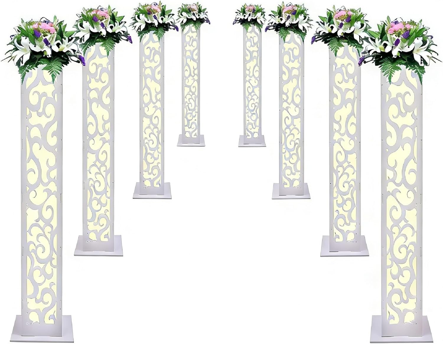 8PCS Tall Roman Column, White Wedding Column w/ LED Light, Carved Auspicious Cloud Pillars, Hollow Out Flower Columns, PVC Flower Pedestal Stands for Parties, Weddings, Celebration Events