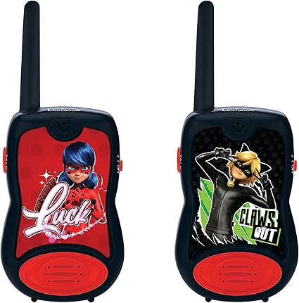 LEXiBOOK, Miraculous, Walkie Talkies, 200m, Communication Set for Kids, 2 Communication Channels, Belt Clip, Black/Red, TW12MI