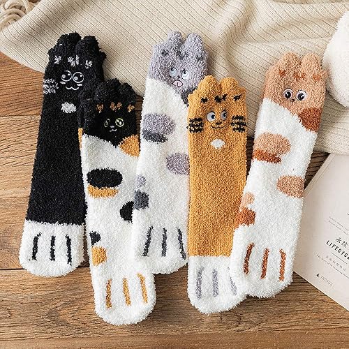 Miniatura 7 de Calcetines mullidos para mujeres, adolescentes, niñas, largos, lindos dibujos animados, animales, pata de gato, felpa, forro polar, calcetines