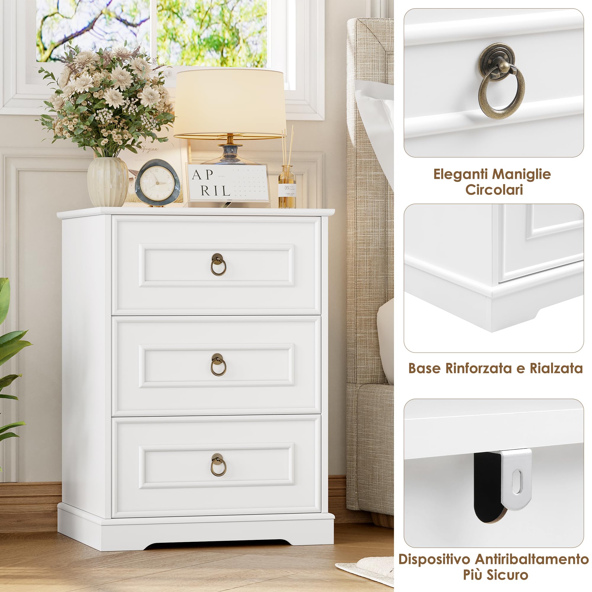 FOREHILL Comodino Camera da Letto con 3 Cassetti 45,5x38x64 cm Bianco | Tavolino da Notte a Maniglie ad anello dorate,Cassettiera Moderno Organizzatore da Letto,Tavolino Cameretta Divano Salotto