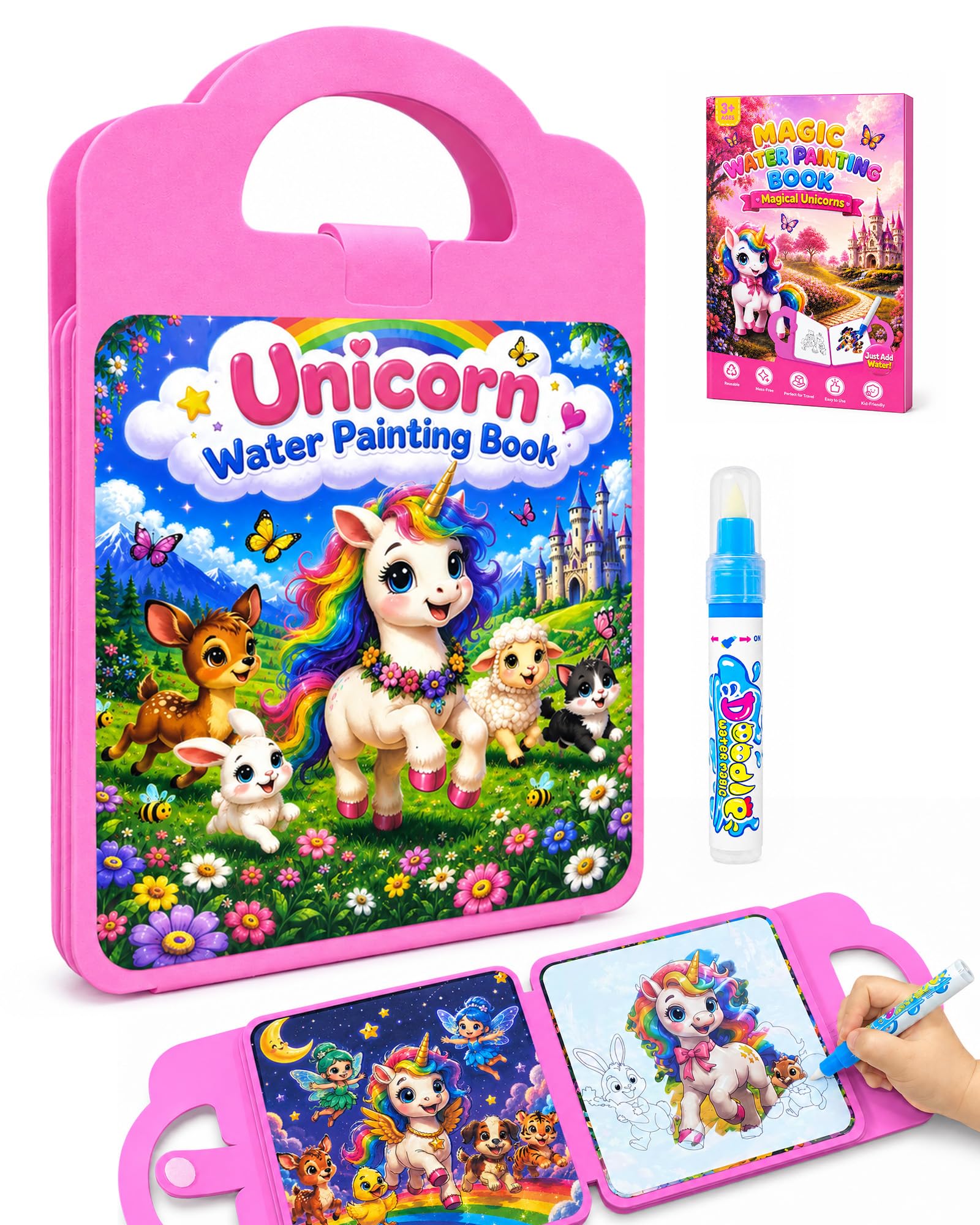 Aullsaty 1-Pack Reusable Water Colouring Book for Girls Ages 3 4 5 6, Thick EVA Paint with Water Kit, Carry Handle & Refillable Pen, Unicorn Mess-Free Screen-Free Travel Toy & Birthday Gift for Girls