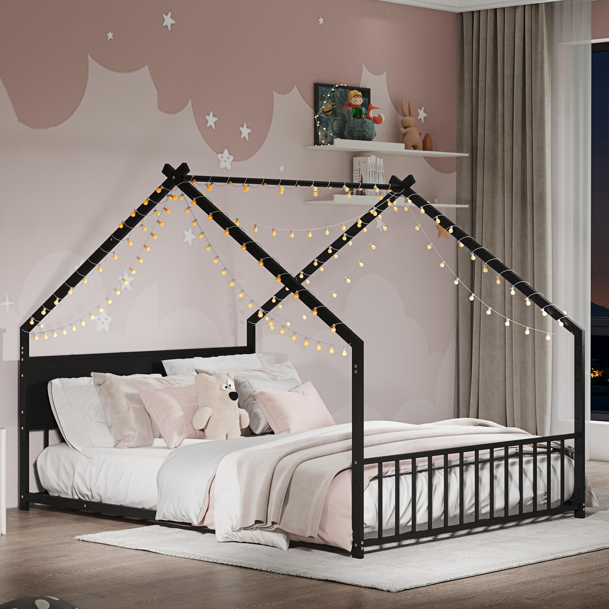 KINFFICT Full Size House Bed with LED Lights & Slatted Roof - Sturdy Metal Bed Frame for Kids/Teens - Playful No Assembly Bedroom Furniture, No Box