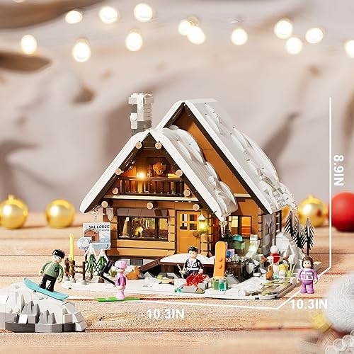 Miniatura 6 de FUNWHOLE Juego de ladrillos de construcción de iluminación de cabaña de esquí de Navidad, colección retro de casa de nieve de invierno, luz LED,
