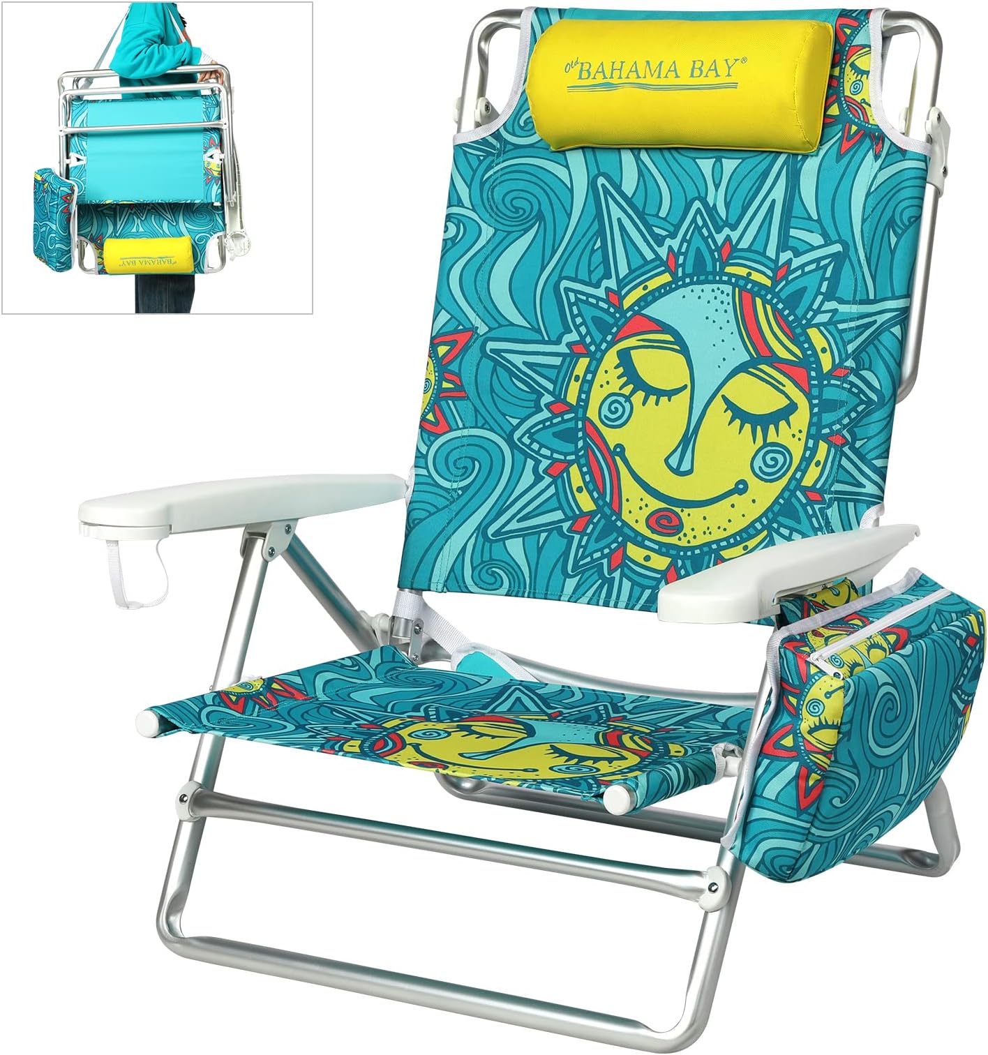 Old Bahama Bay Backpack Beach Chair 5-Position Lay Flat Reclining Lounge Chair for Adults Heavy Duty Portable Folding Lightweight with Cooler Bag Camping Chair for Sand Outdoor Sun
