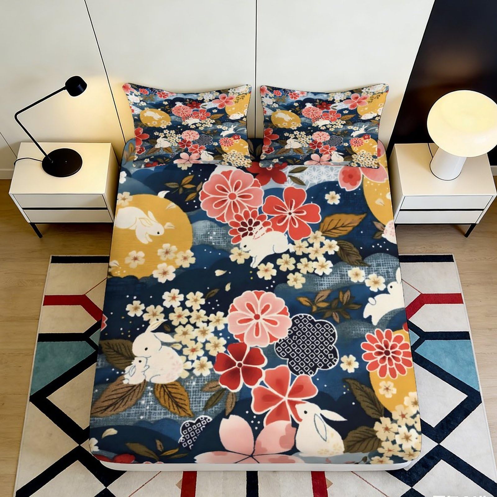 3D Printed Japanese Rabbit Blossom Fitted Sheet Microfiber Floral Bed Cover for Bedroom Dorm Mattress Protection Decor 90x200x25cm