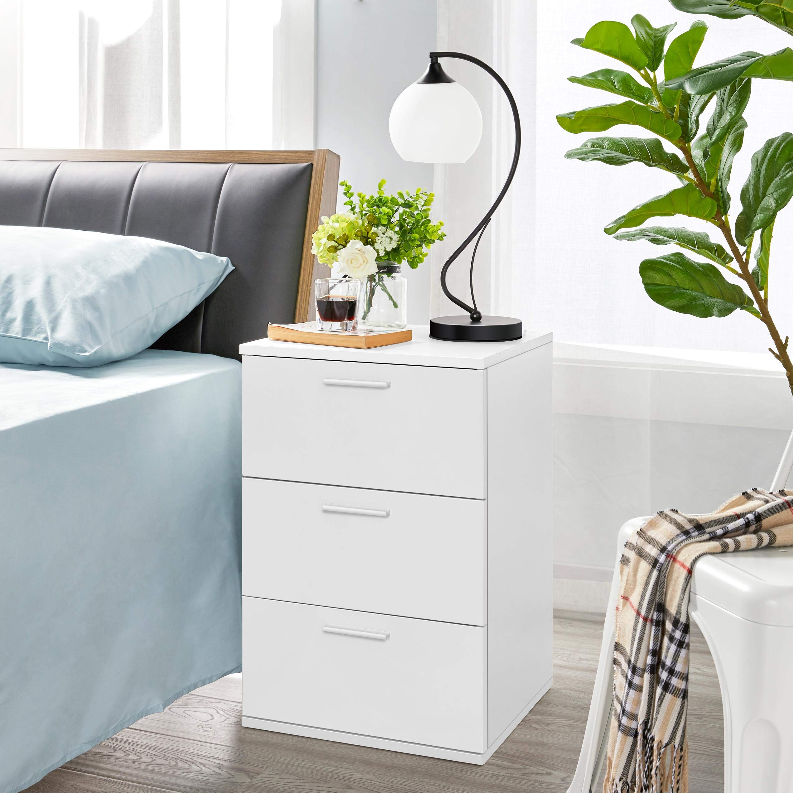 Yaheetech Comodino Camera da Letto Comodino Bianco con 3 Cassetti Cassettiera in Legno MDF Mobile da Letto Portaoggetti 60 x 40 x 35 cm