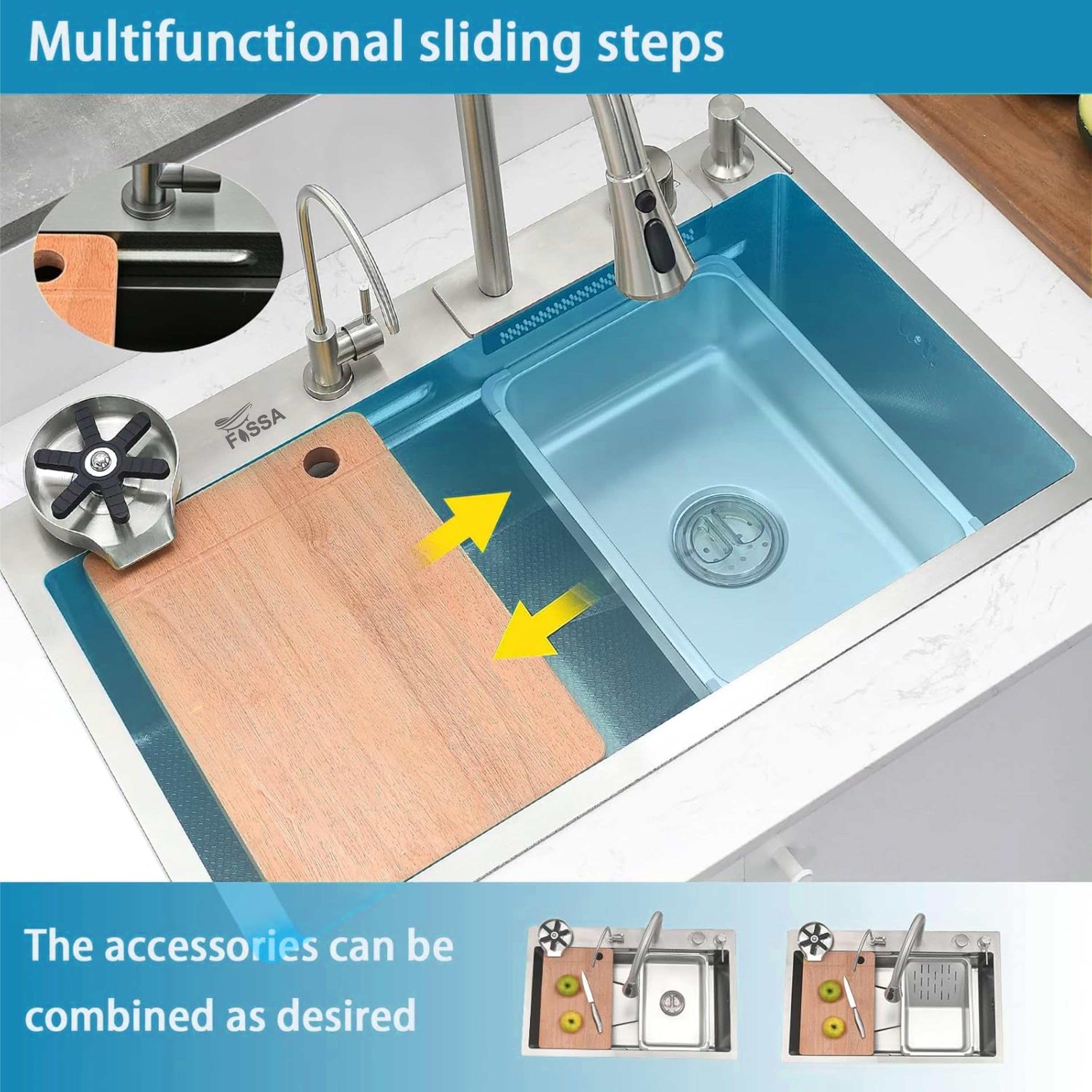 Fossa 30"x18"x09" 7-Year Warranty Single Bowl Waterfall Smart Kitchen Sink Stainless Steel 304 Grade Honeycomb Embossed Sink with Nano Coating, Includes All Accessories. (Silver) 1