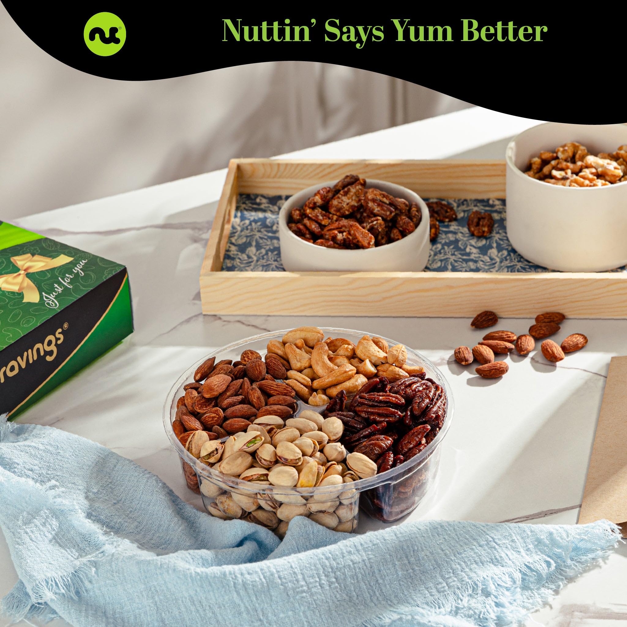 NUT CRAVINGS - Fathers Day Treats, Gift For Dad, Mixed Nuts Gift Basket in Green Gold Box (4 Assortments) Treats for Adults, Food Arrangement, Healthy Snack Care Package, Kosher