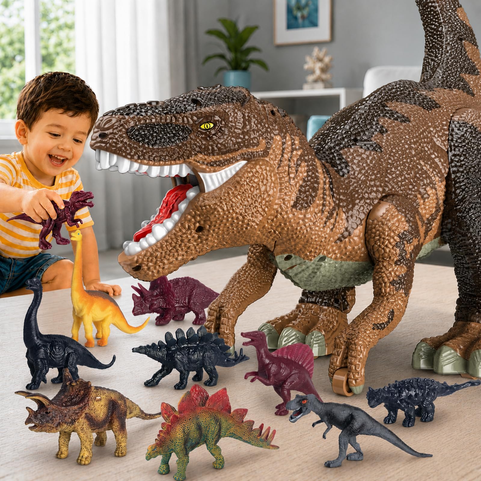 Juguetes De Dinosaurios para Niños De 3 A 8 Años, Gran T-Rex con Almacenamiento Oculto, Set Completo con Figuras, Niebla Realista, Luces Y Sonidos, Movimiento Deslizante, Marrón