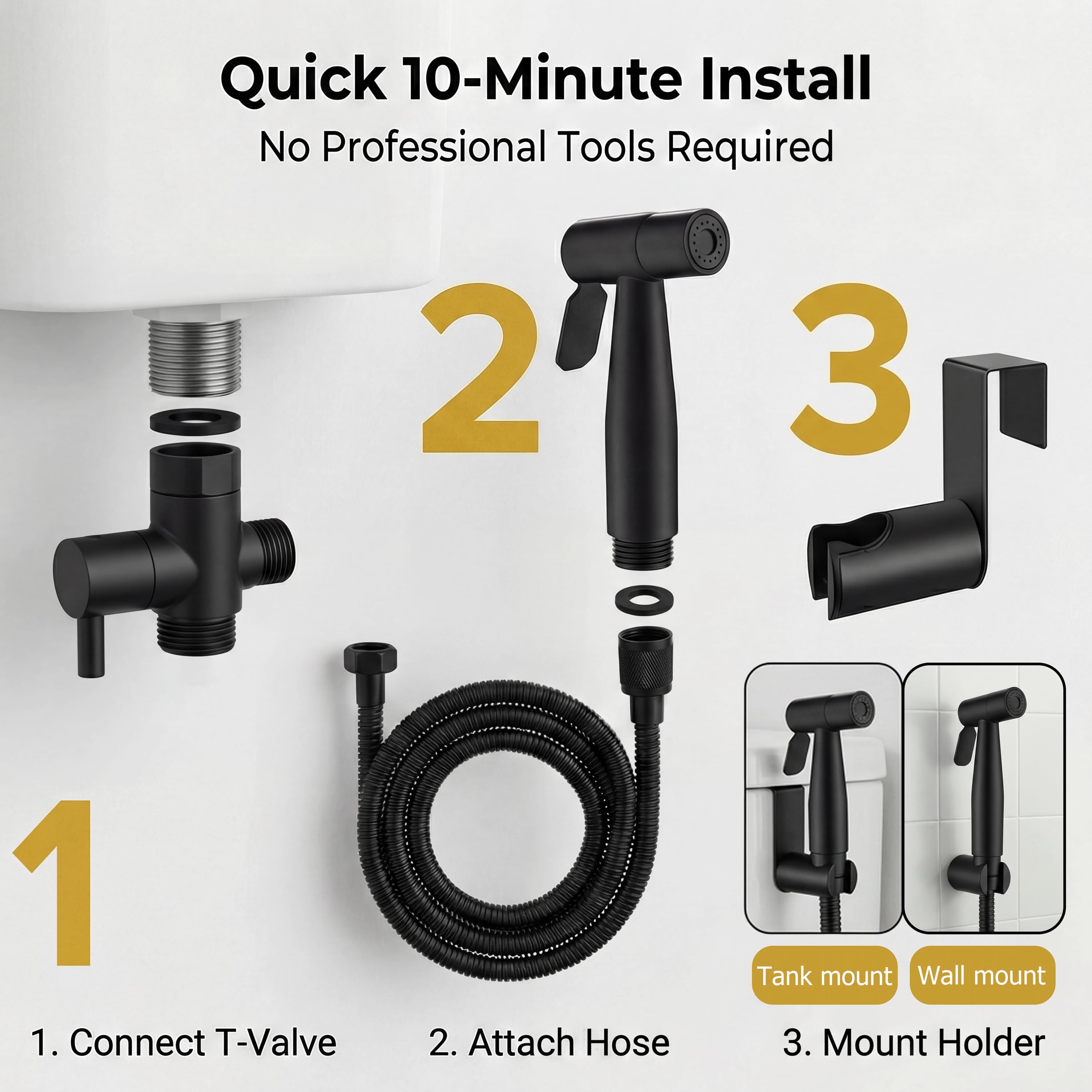Grifo Bidet para WC Ducha Higiénica de Acero Inoxidable con Manguera 1.5m, para Higiene Personal y Limpieza de Mascotas Incluye Adaptador G1/2 (Negro) — view 6