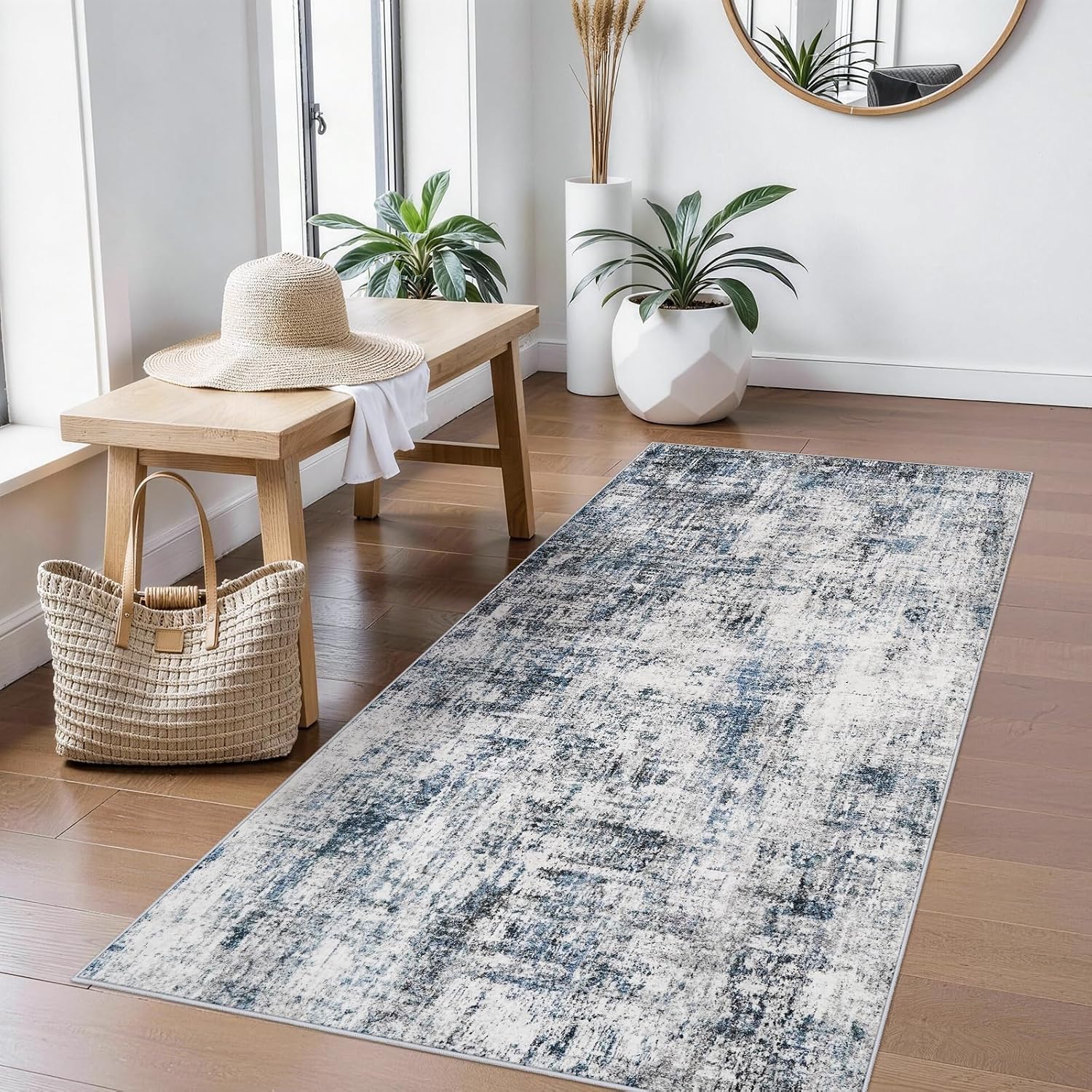 3x5 Washable Entryway Rug: Non-Slip Abstract Coastal Stain Resistant Area Rug for Bedroom Kitchen Living Room – Small Soft Low-Pile Thin Throw Carpet for Modern Home Decor（Blue 3x5）