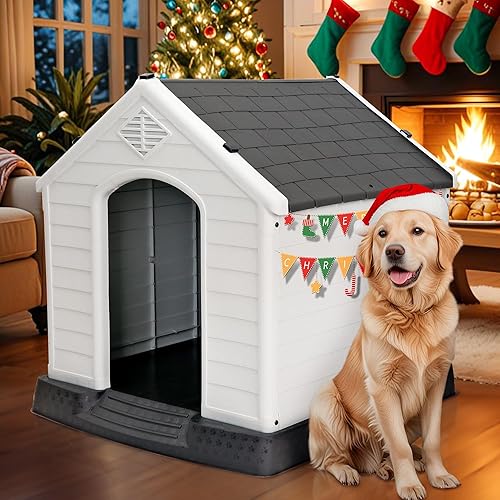 Durable Waterproof Plastic Dog House for Small to Large Dogs, Indoor Doghouse Puppy Shelter with Air Vents and Elevated Floor, Outdoor Kennel for Yard, Patio, Garage, Easy to Assemble