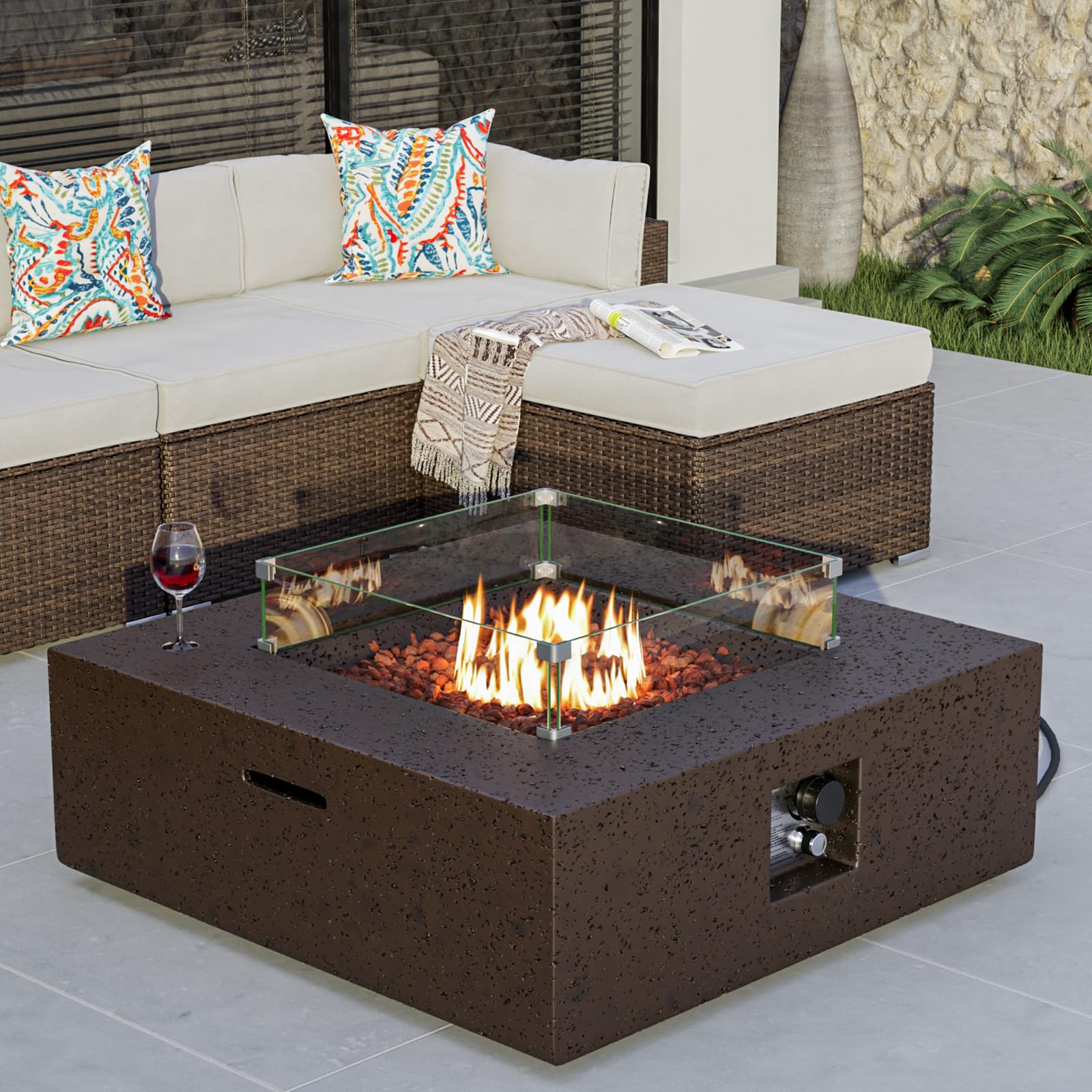 COSIEST Outdoor Propane Fire Pit Coffee Table w Square Faux Stone 35-inch Base, CSA Certified, 50,000 BTU Stainless Steel Burner, Free Lava Rocks and Rain Cover, Wind Guard, Brown