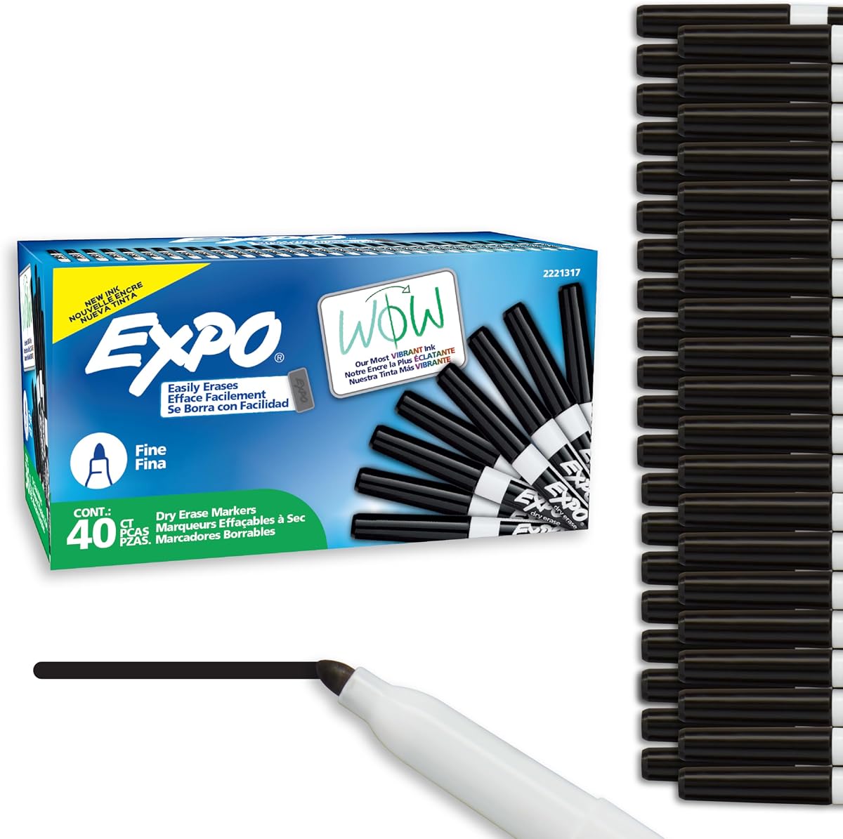 Marcadores de borrado en seco de EXPO, tinta de bajo olor, negra, punta fina, 40 unidades: pizarra, calendario, organización, suministros esenciales para la oficina, la escuela, el aula, los maestros
