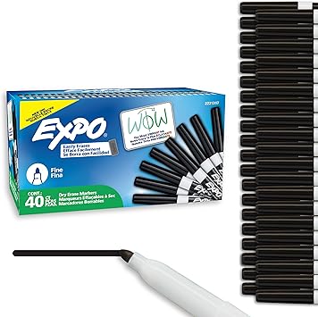 أقلام التحديد القابلة للمسح من EXPO، حبر منخفض الرائحة، أسود، طرف رفيع، 40 قطعة - السبورة البيضاء، التقويم، التنظيم، اللوازم الأساسية للمكتب والمدرسة والفصول الدراسية والمعلمين