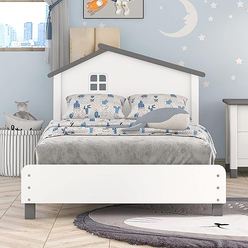 Tensun Cama de plataforma de metal con forma de casa tamaño Queen con techo, marco de cama resistente con cabecera y estribo para niños, niñas,
