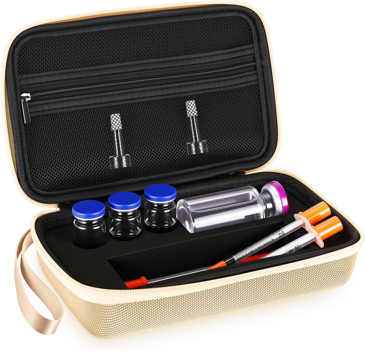 Peptide Case 3x10 ml Vial Storage Case Glp1 Vials Water Peptide Travel Cases, Holder for Fridge, Insulin Fridge Holder Storage Cases, Room for Disinfectant Wipes, Khaki with Mesh Bag