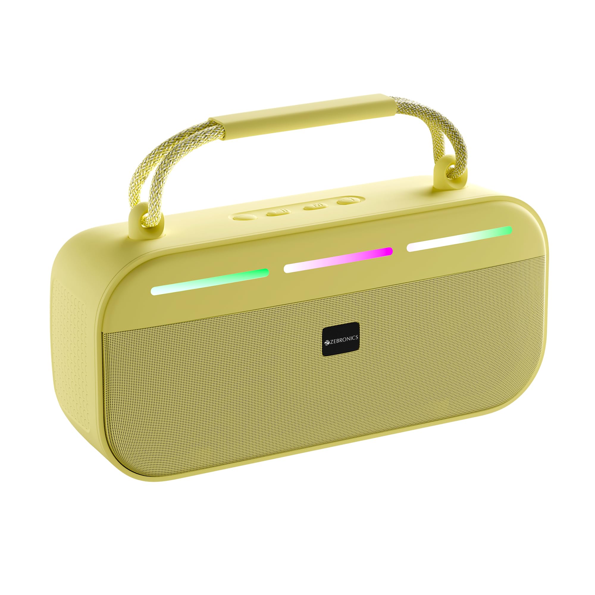 Zebronics Sound Feast 45 Portable Bluetooth Speaker, 20W RMS, Up to 5h Playback, 6.6cm Driver, Deep Bass, 4 RGB Modes, BT v5.4, USB, mSD, FM Radio, TWS, Type-C Charging, Carry Handle (Yellow)-image-30