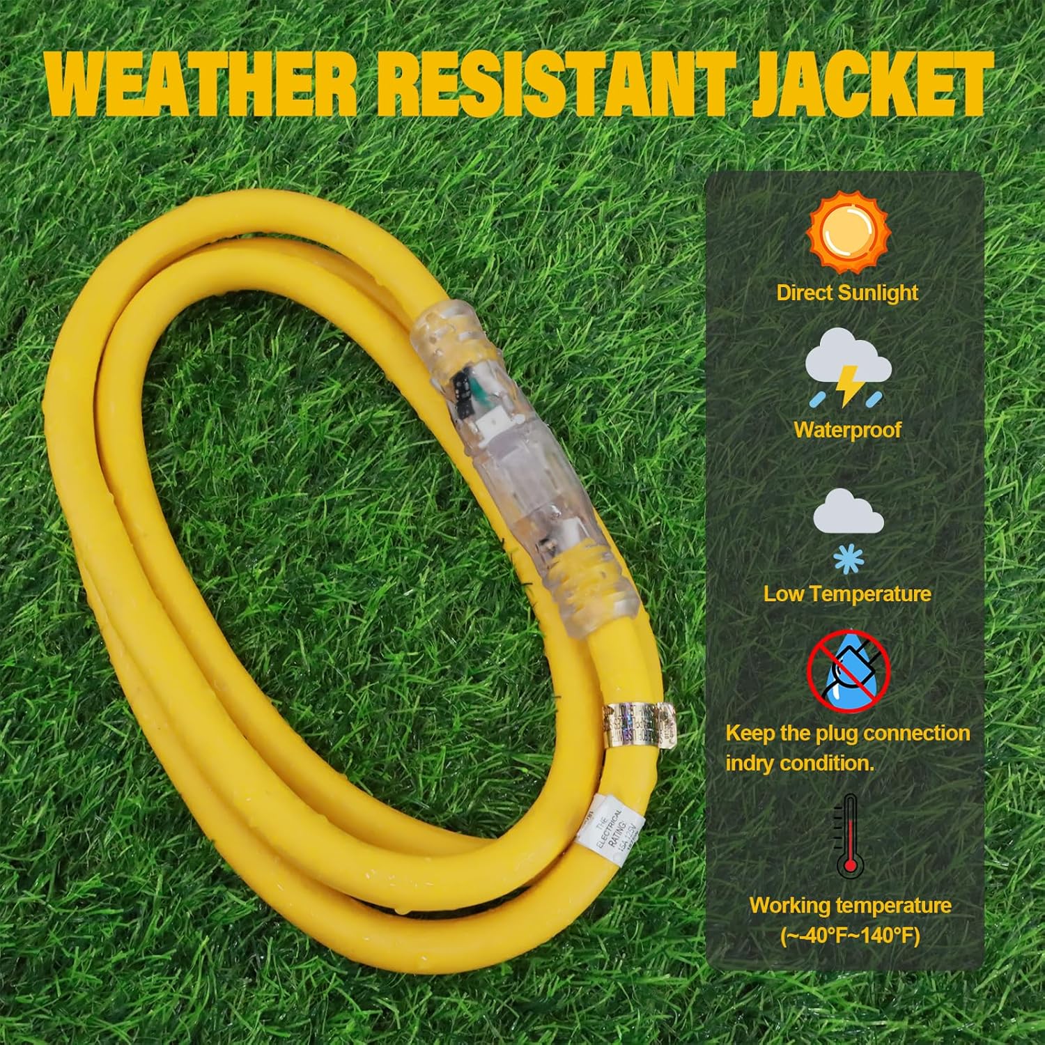 EP 25 ft Lighted Outdoor Extension Cord - 12/3 SJTW Heavy Duty Yellow Extension Cable with 3 Prong Grounded Plug - 15AMP Power Cord for Lawn, Garden, Appliances
