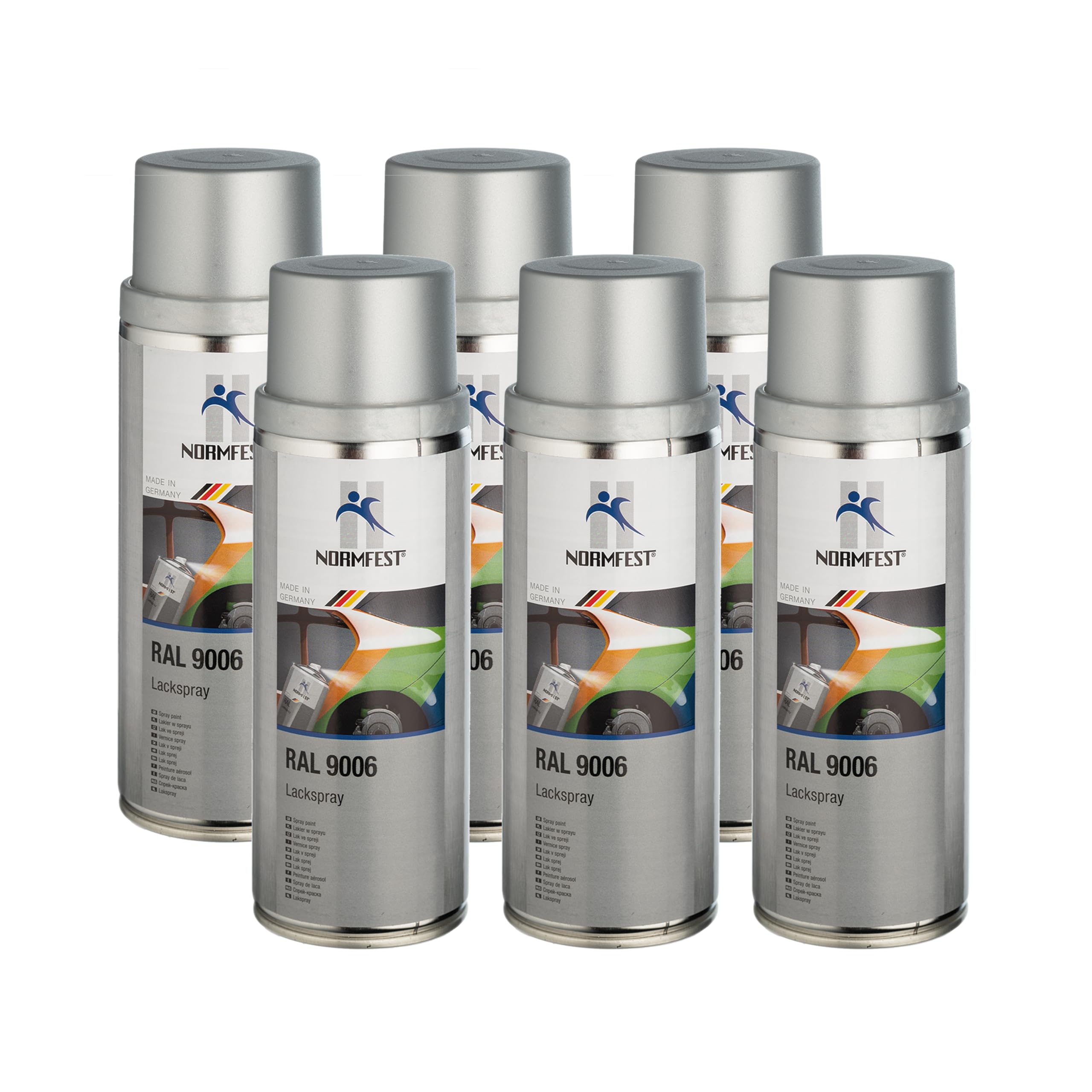 Normfest Lackspray RAL 9006 Weißaluminium – seidenglänzender Nitro-Kombinationslack, hohe Deckkraft, witterungs- und kratzbeständig, für Metall, Kunststoff, Holz und mehr, 6x 400 ml