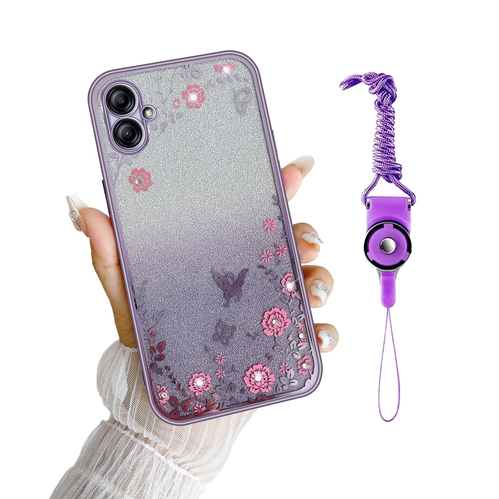 Case for Galaxy A04e,Galaxy A04e Case for Women Gradual Change Glitter Crystal Soft TPU Stylish Butterfly Floral Heart Clear Protective Cover with Strap for Samsung Galaxy A04e (Purple)