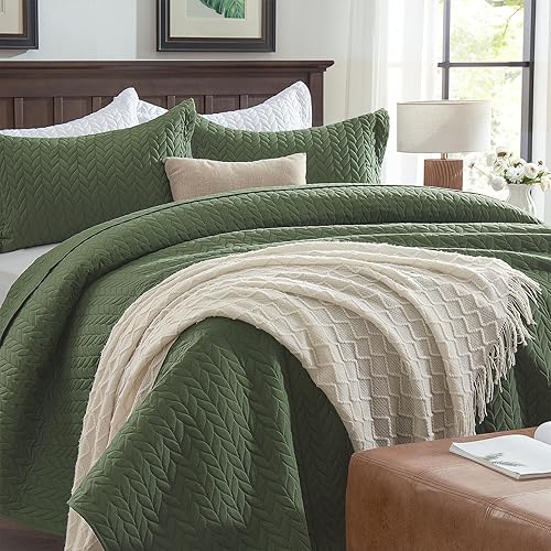 Vista 30 de SunStyle Home - Juego de colcha de cama de microfibra, ligero y suave, reversible, patrón de colcha, colchas para todas las estaciones. 01 - Verde