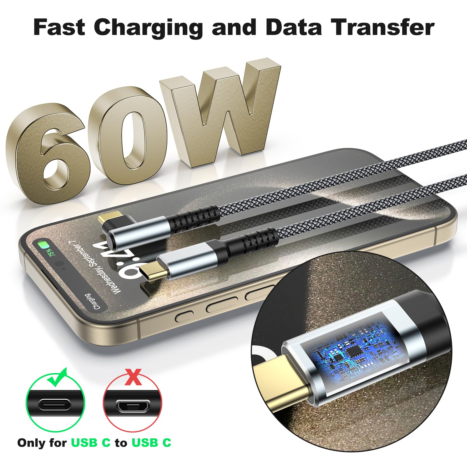 Confezione da 3 cavi da USB C a USB C da 60 W, cavo di ricarica rapida intrecciato da tipo C a tipo C, cavo di ricarica ad angolo retto da USB C a USBC per iPhone 17, 16, 15 Pro Max Plus, Galaxy S25