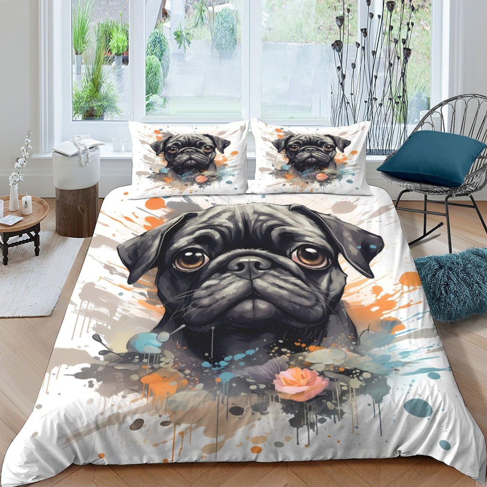 Ctjqhvkz Style-7 3D Printed Watercolor Pug Fitted Sheet Microfiber Soft Anti-Slip Dog Bed Cover For Bedroom Guest Room Mattress Decor Single（135X200cm）