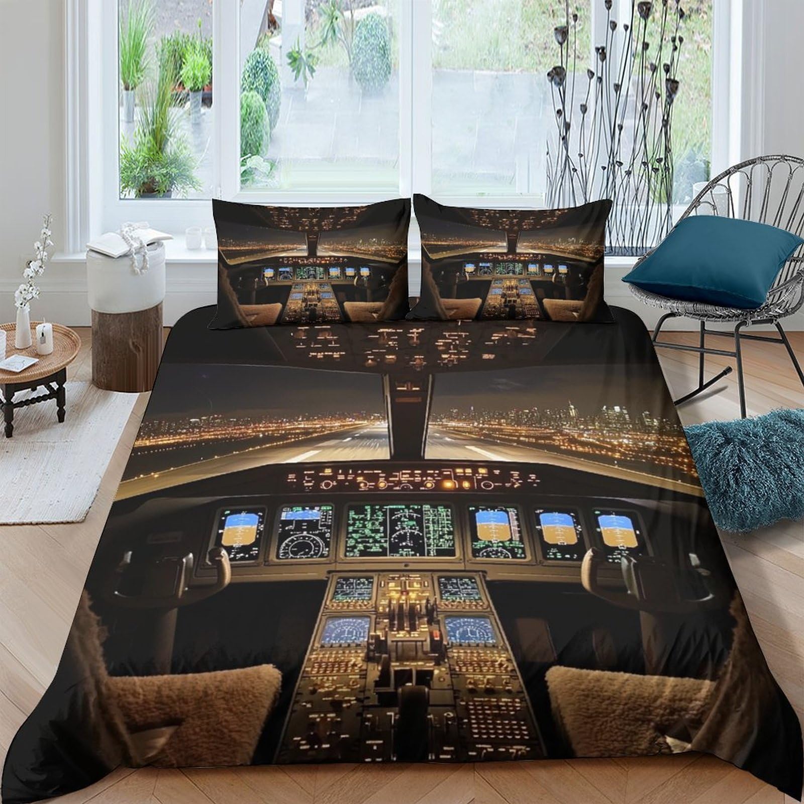 Ctjqhvkz Style-1 3D Printed Cockpit Night View Fitted Sheet Microfiber Anti-Slip Bed Cover For Bedroom Dorm Mattress Protection Decor Single（135X200cm）