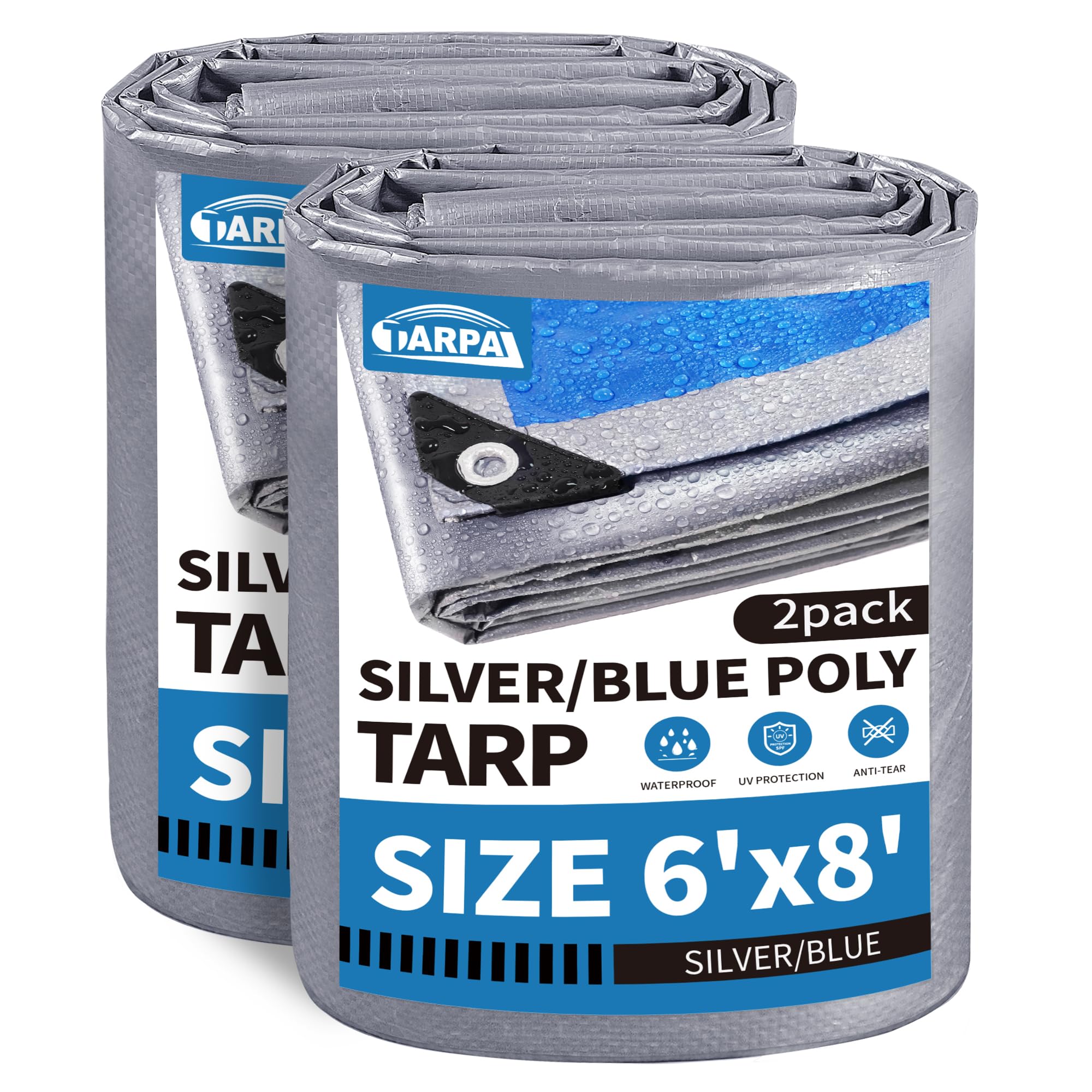 TARPAL Tarp 6x8 Feet (2 Pack) Waterproof Small tarps 7.5mil Multipurpose Protective for Outdoors,UV Protection,Rip and Tear Proof,Poly Tarpaulin(