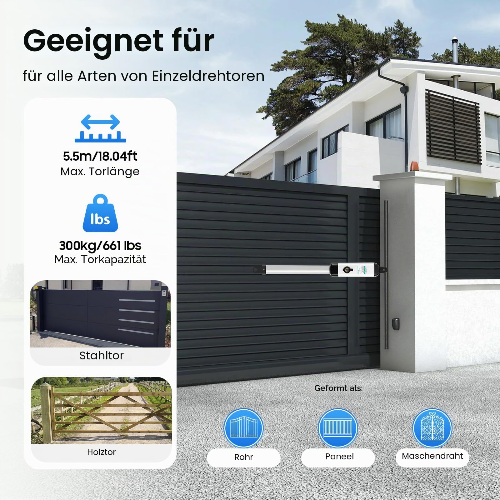 Elektrischer Torantrieb Toröffner Flügeltor Automatischer Flügeltorantrieb 1 Flügel 55W Drehtorantrieb für Max. 5,5 m oder 300kg pro Flügel mit 2 Fernbedienungen