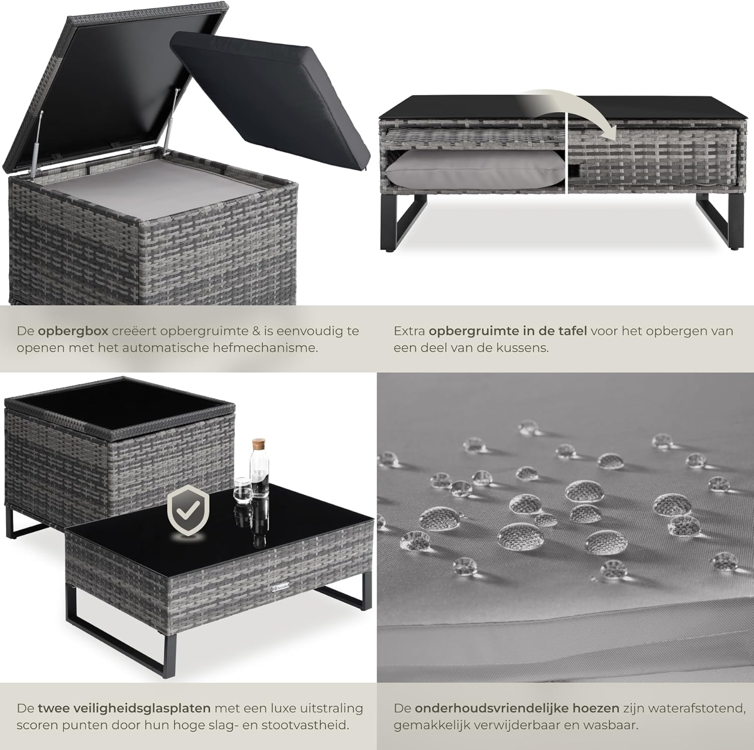 Detail kotak panyimpenan tina tectake Wicker Garden Lounge Set Ostuni