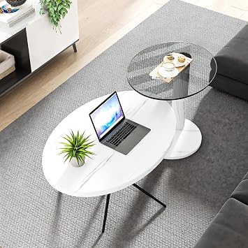 AWQM Oval Coffee Side Table Set of 2, Faux Marble Top and Modern Tempered Transparent Glass Top,Perfect for Living Room,Cafe,Home,and Office.