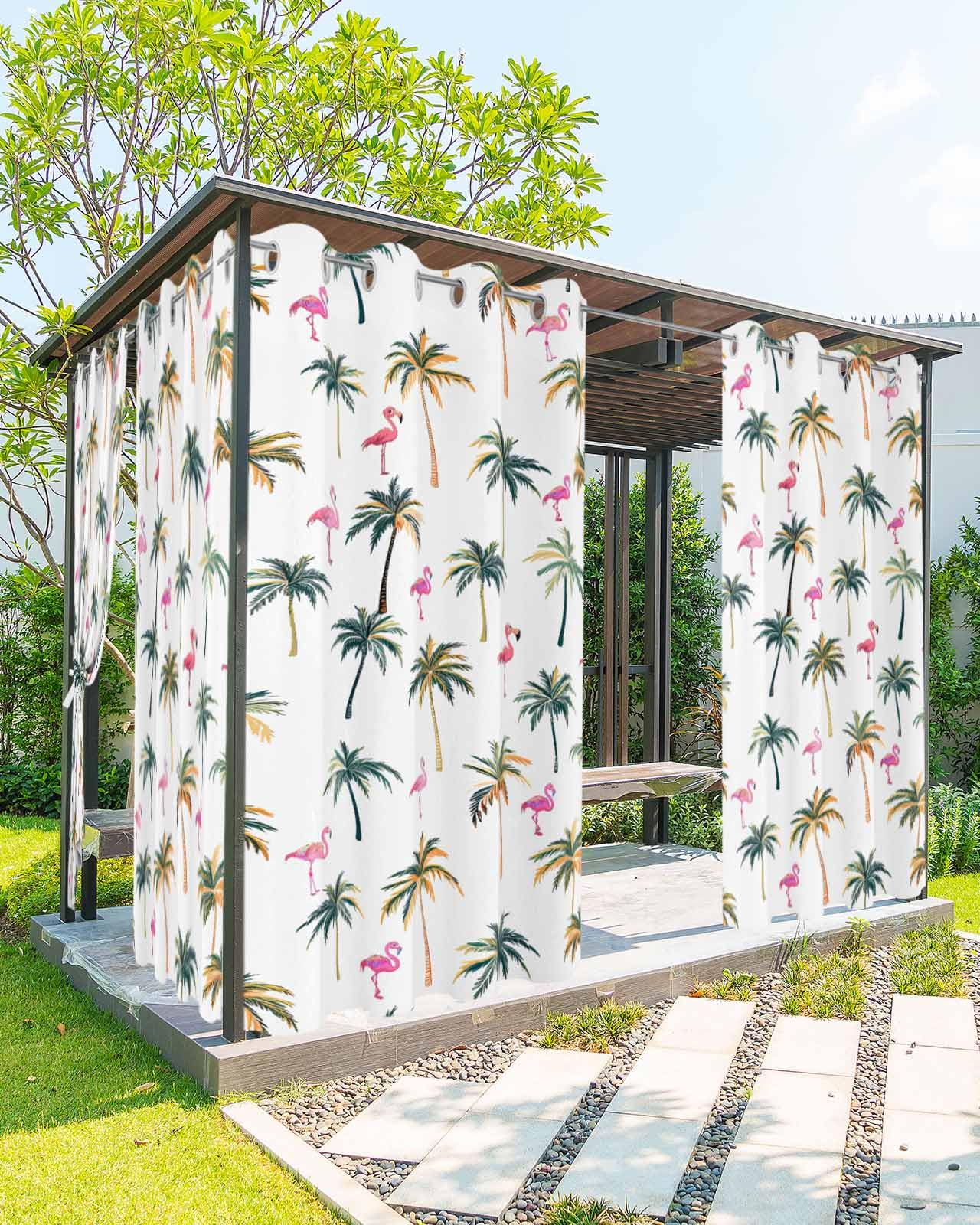 Outdoor Curtain for Patio Waterproof, Summer Palm Trees Flamingo Watercolor Hand Painted Outside Curtains with Grommet Top Curtain Panels Drapes for Pergola, Gazebo, Balcony 54