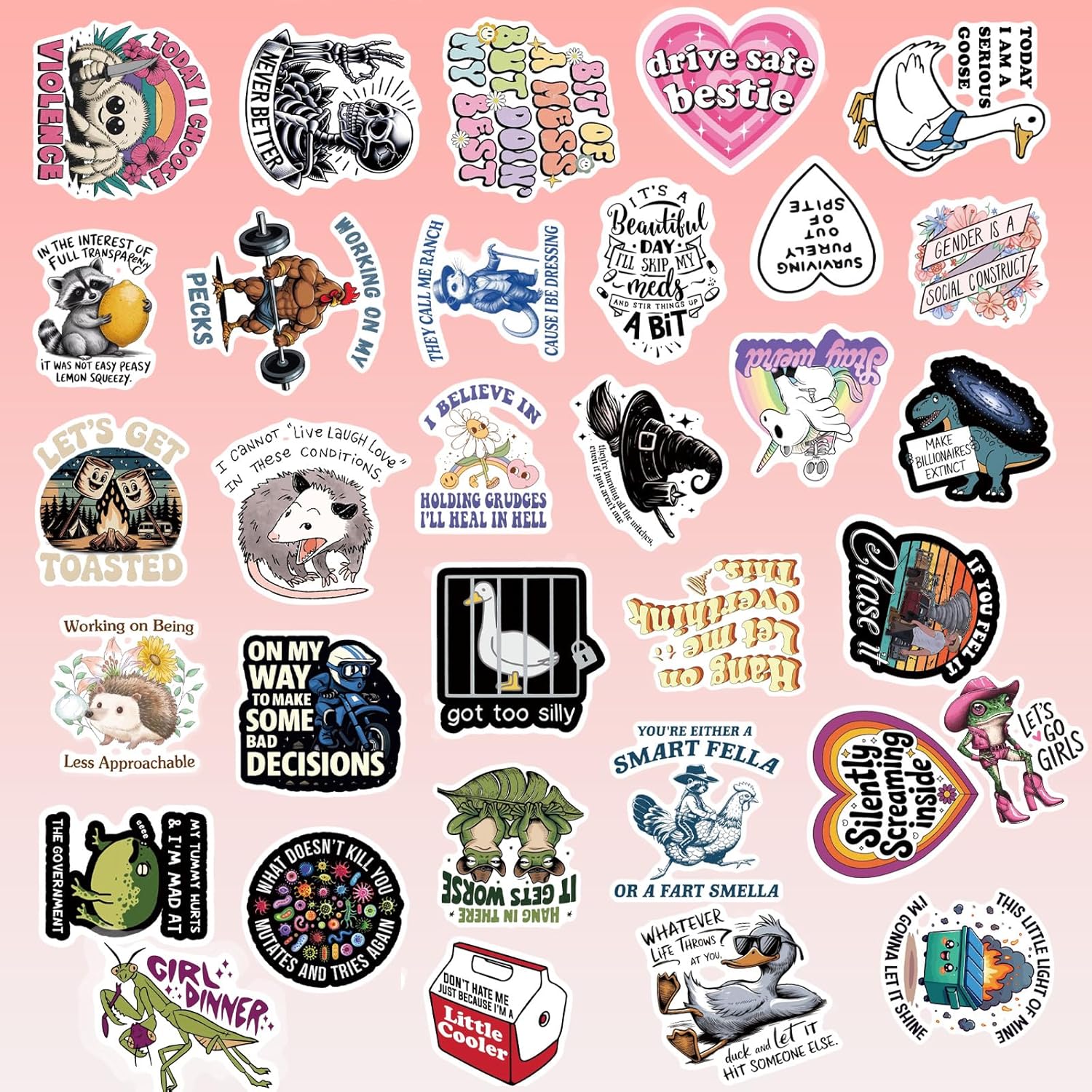 200 Pcs Holographic Funny Meme Stickers for Adults, Waterproof Vinyl Sarcastic Animal Decals with Raccoon, Frog, Possum & Skeleton Humor for Water Bottles, Laptop, Skateboard & Journal