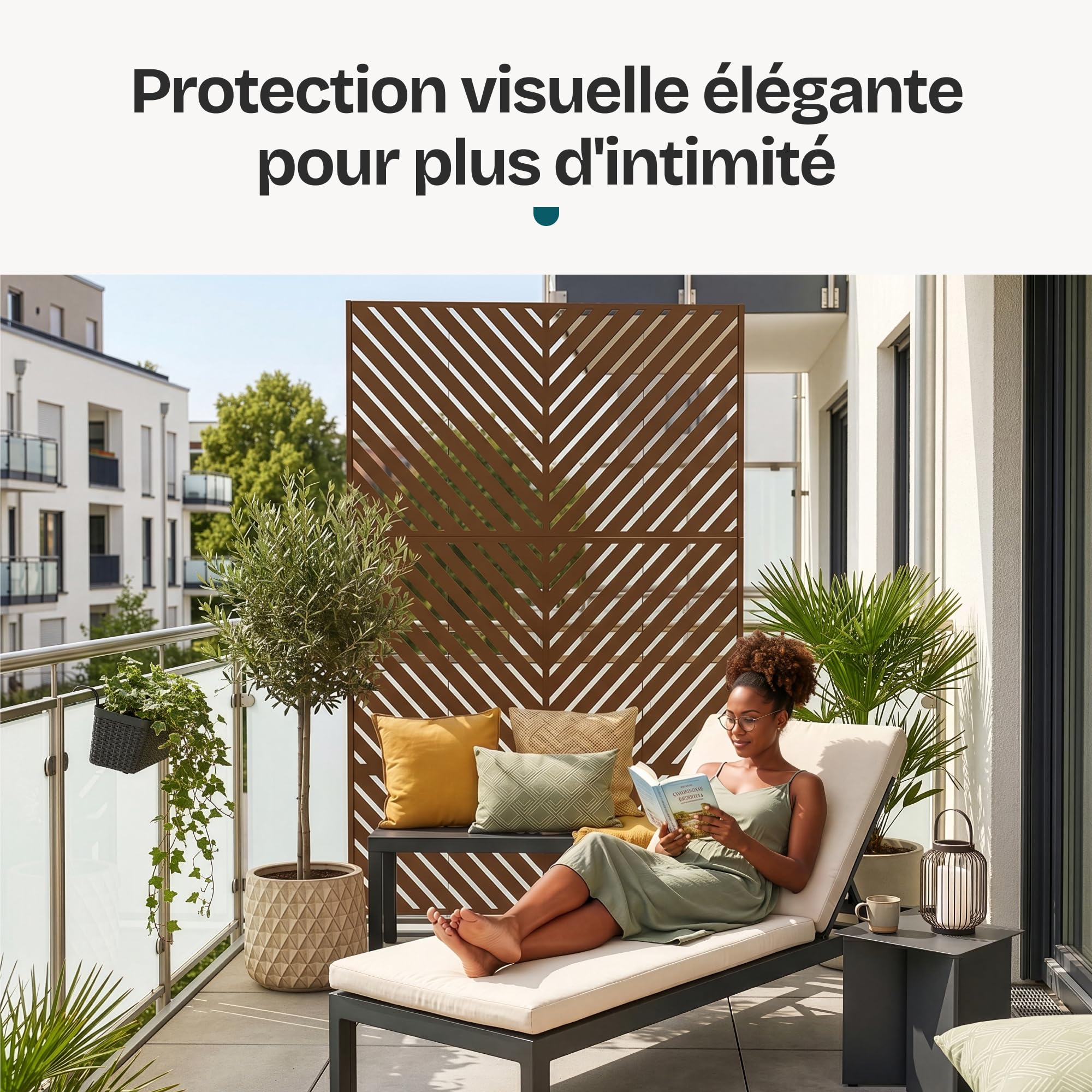 casa.pro Paravent Brise-Vue Kekan Séparateur d'Espace pour Extérieur Intérieur avec Motif à Chevrons Résistant Jardin Terrasse Balcon Salon Acier Galvanisé 180 x 90 x 40 cm Marron