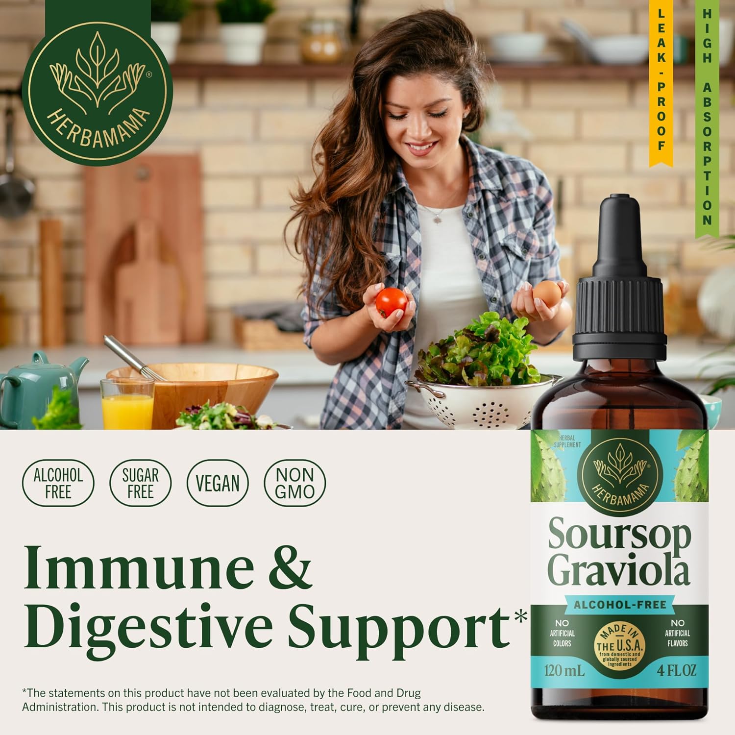 HERBAMAMA Soursop Liquid Drops - Vegan Digestive & Immune Support with Graviola Soursop Fruit Extract Tincture - Non-GMO, Alcohol & Sugar-Free Guanabana Supplement, 56-Day Supply