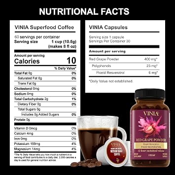 VINIA Resveratrol Heart Health, Piceid Resveratrol Capsules (30 Count) + Superfood Coffee K-Cup Pods (60 Count) | Supports Blood Flow, Nitric Oxide & Energy