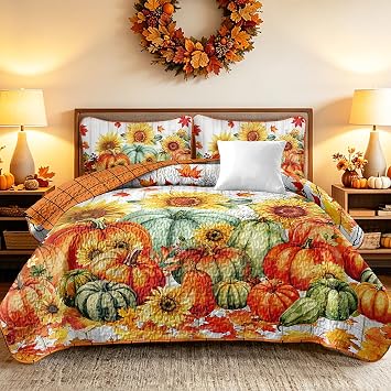 Yiran Happy Thanksgiving Harvest Quilt King Size, Fall Bedding Set