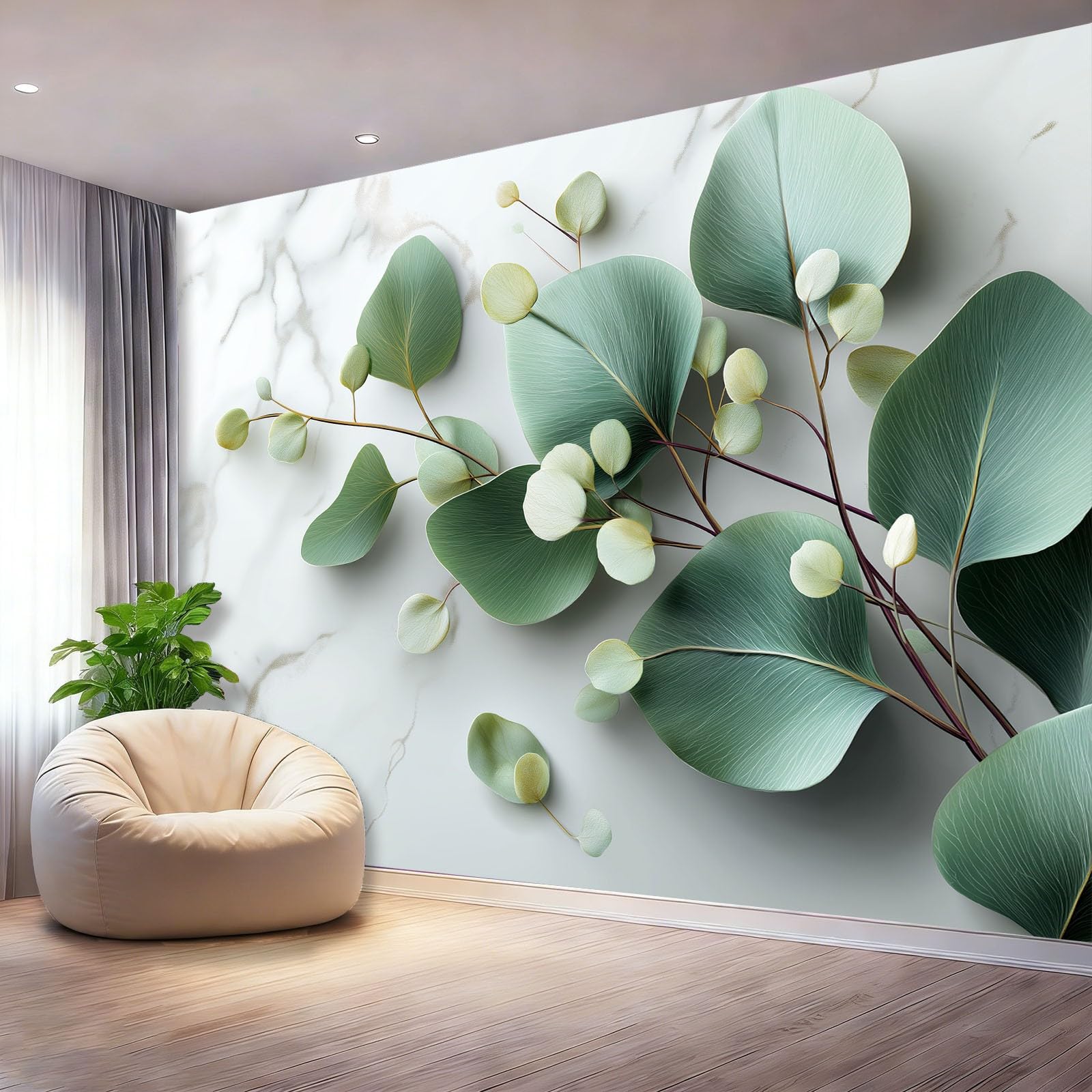 Papier peint panoramique plantes 3D pour agrandir un salon sombre
