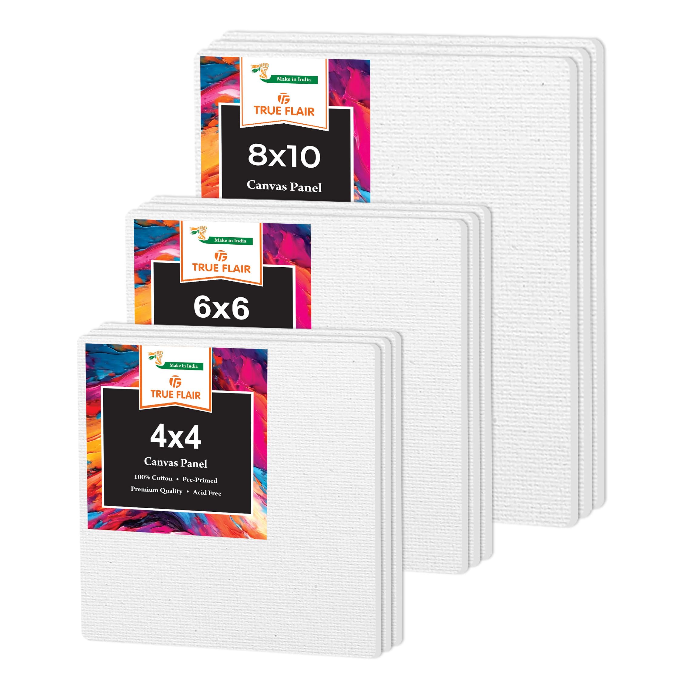 Trueflair Canvas Boards for Painting - Suitable for Acrylic, Gouache, Watercolour, Ink Painting, 100% Cotton Canvas, Art Supplies for Artists (6x6, 4x4, 8x10 Inches (3 Each Size))