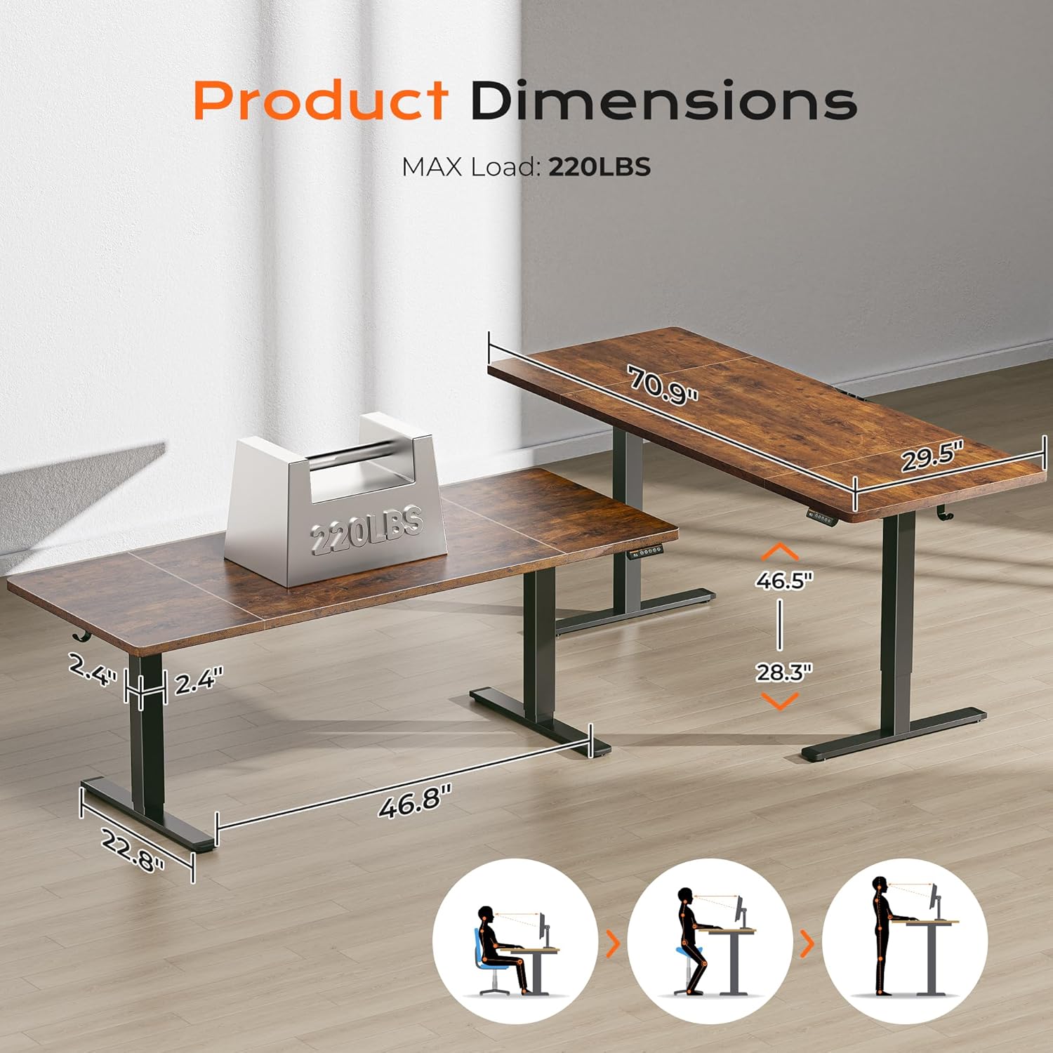 huuger 71 x 30 large electric standing desk, height adjustable computer desk, 29.5" deep desktop, stand up gaming office table with 2 hooks, 3 preset heights, for home office, rustic brown 71*30 inch (no outlets) rustic brown