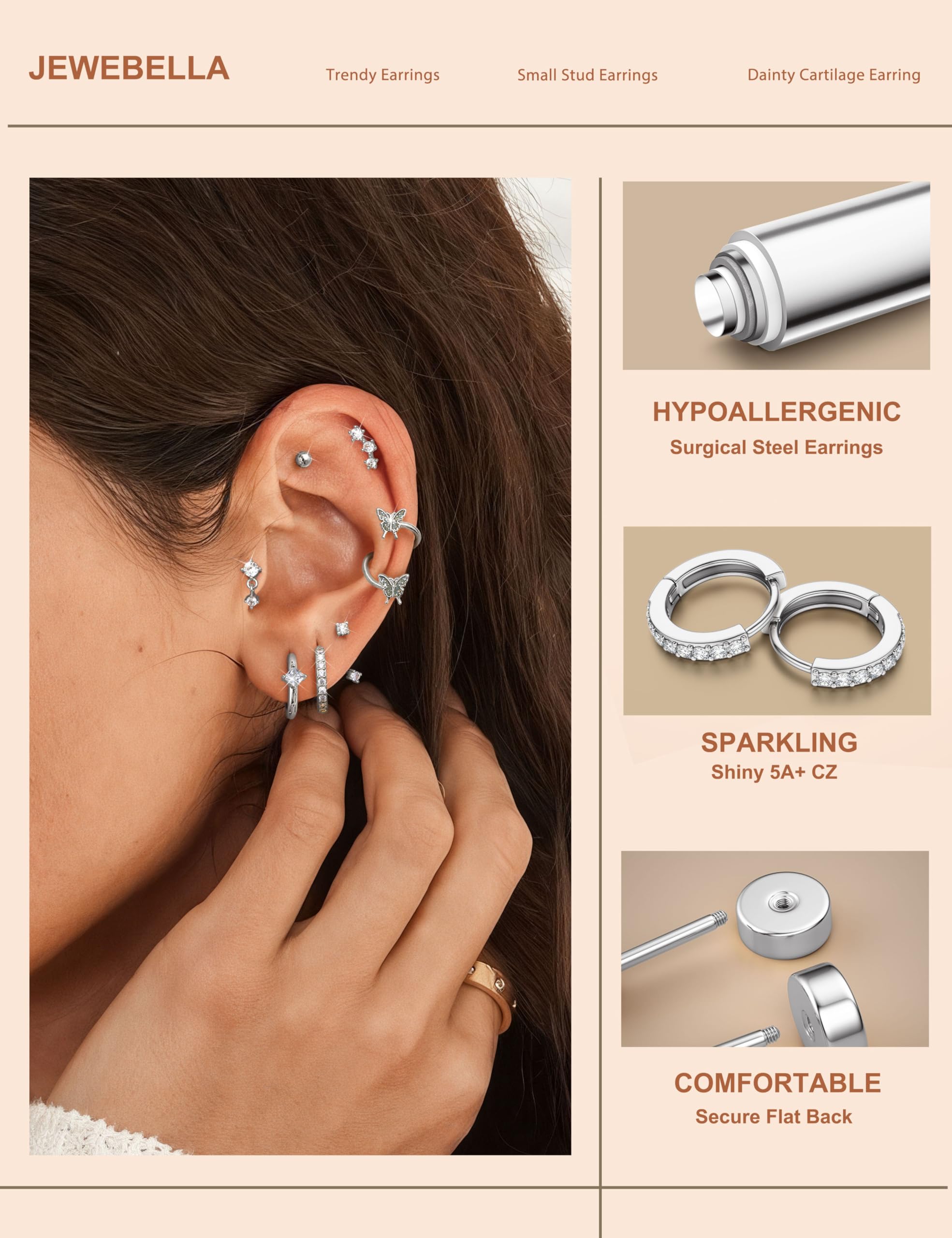 HMJGDHX 12 sztuk Helix Piercing biżuteria srebrne złote kolczyki dla kobiet chirurgiczne stalowe kolczyki z płaskim tyłem Rook Daith Conch Tragus Piercing biżuteria małe Helix Hoop kolczyki na