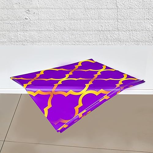 Miniatura 7 de 2 manteles de plástico con celosía árabe y dorado morado y dorado de 87 x 51 pulgadas, decoraciones de fiesta temática de noches árabes para