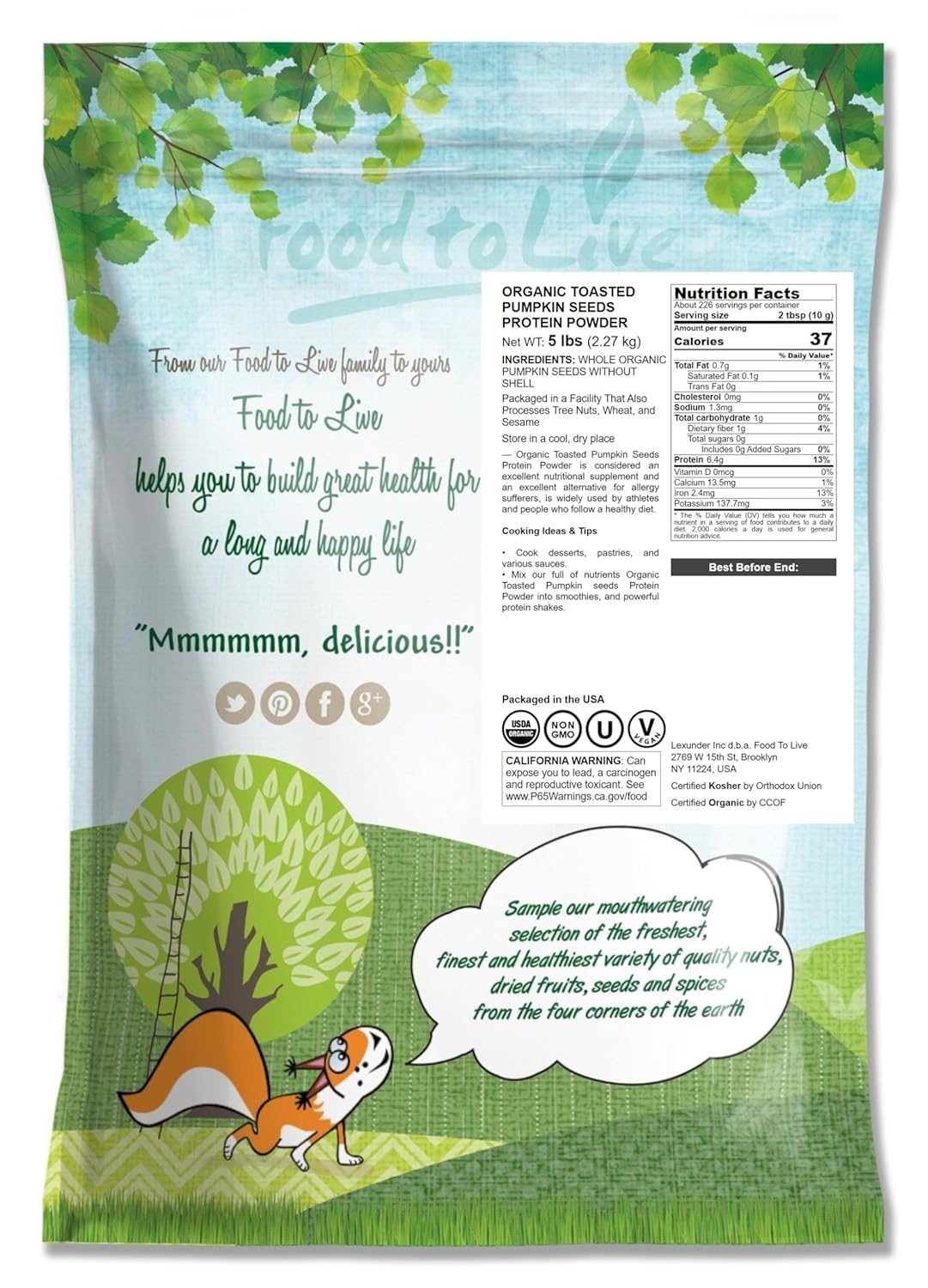 Food to Live Organic Toasted Pumpkin Seeds Protein Powder, 5 Pounds – 60% Protein, Non-GMO, Pure, Plant Based,Vegan, Kosher, Bulk, Great for Baking, Drinks and Smoothies