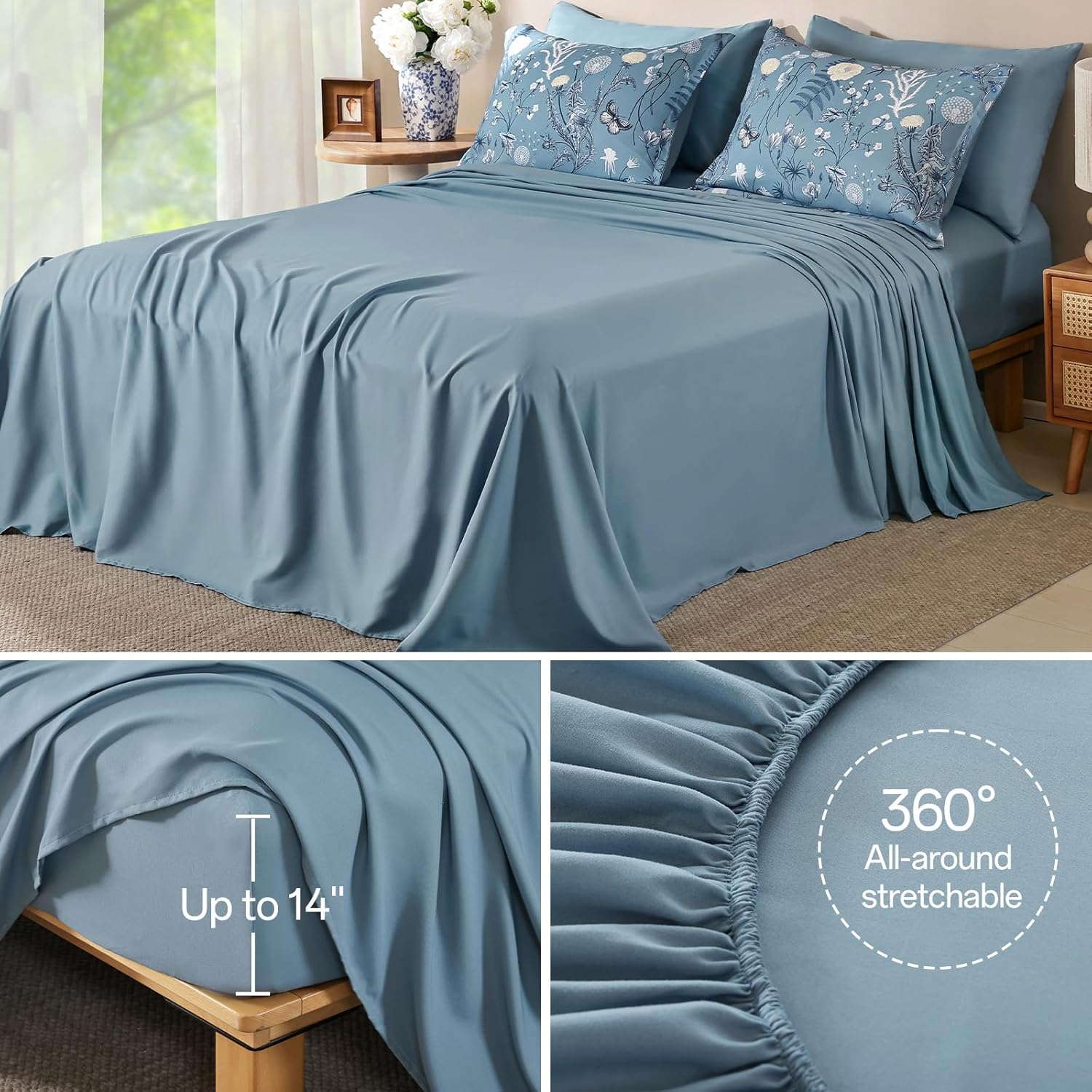 Yiran Blue Comforter Set Queen Size, 7 Piece Floral Comforter Bedding Set, Botanical Farmhouse Bed in a Bag, Soft Microfiber Complete Bedding Set with Sheets for All Season - Image 7