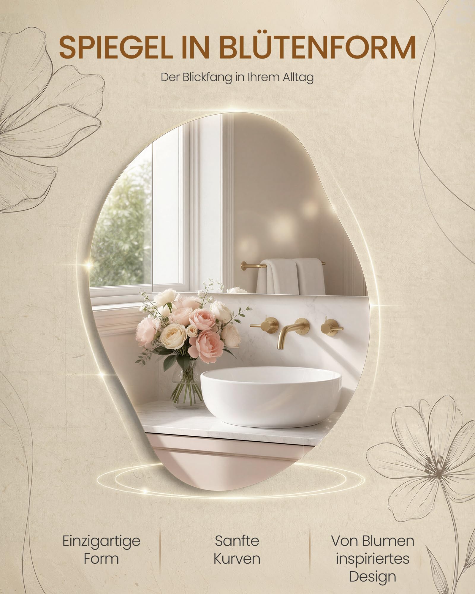 SONGMICS Asymmetrischer Spiegel, unregelmäßiger Wandspiegel, blütenblattförmiger Spiegel, 60 x 45 cm, dekorativ, Rahmenlos, für Eingangsbereich, Schlafzimmer, Badezimmer LWM020BD01 - 4