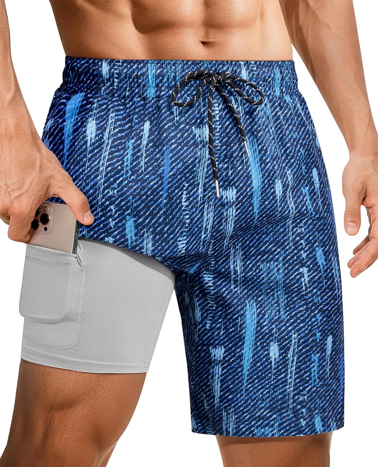 Gleeease 9inch Mens Swim Trunks: 2 in 1 with Compression Liner Stretch Quick Dry Drawstring Shark Pockets Beach Pool Vacation
