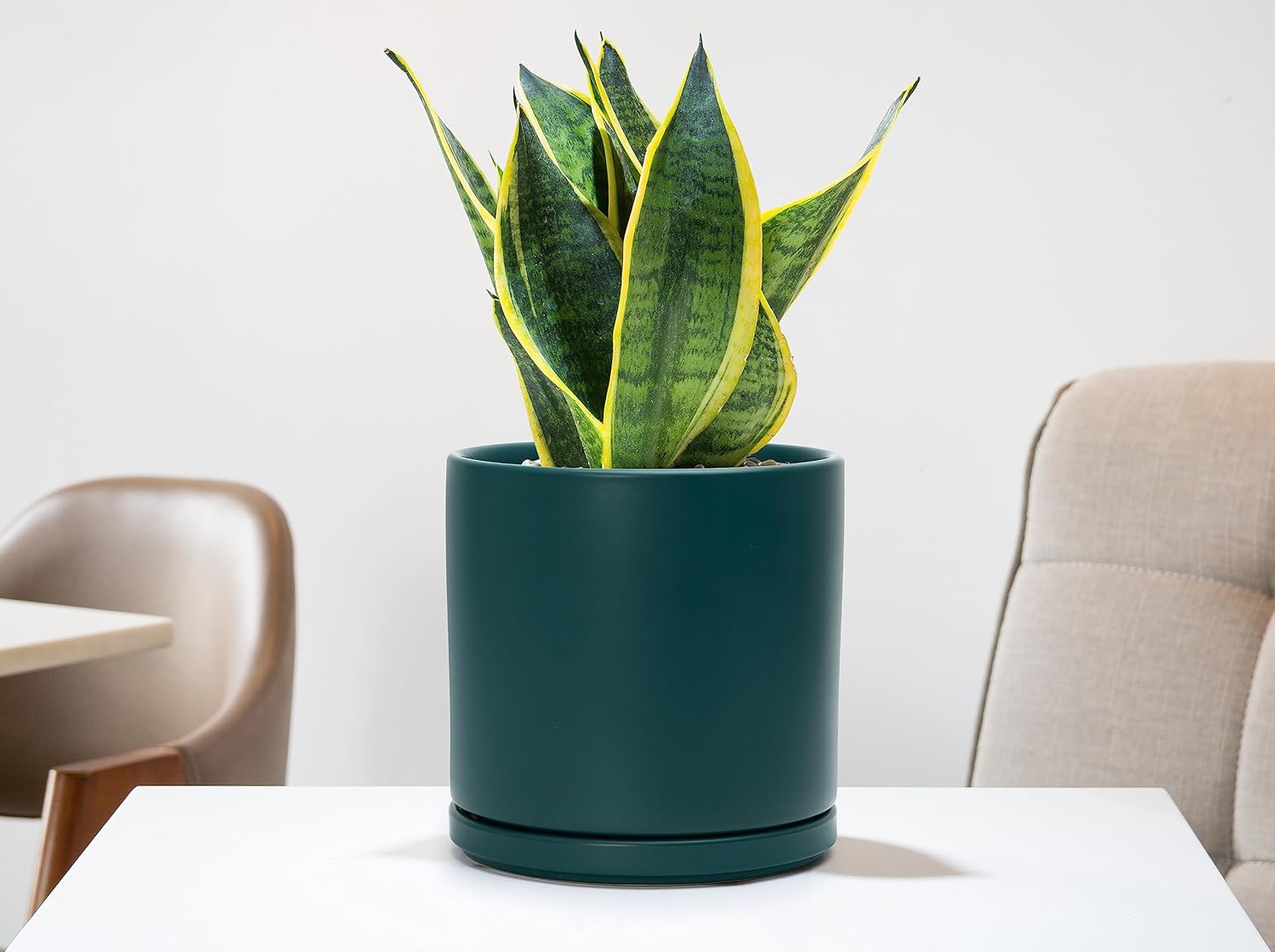 D'vine Dev 8 Inch Ceramic Planter Pot with Drainage Hole and Saucer, Indoor Cylinder Round Planter Pot, Teal, 94-O-D-9 - Image 2